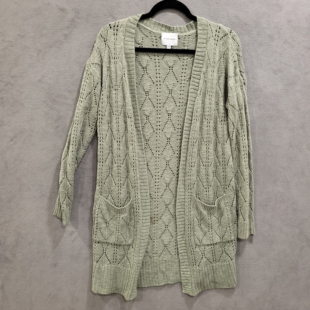 Pink Rose Cardigan Sweater Womens Size Medium Open Front Casual Warm Cozy Office